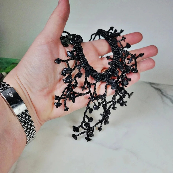 Black Glass Fringe Necklace Choker Goth Grandma Spooky Coral Dark Fairy … - Picture 4 of 10